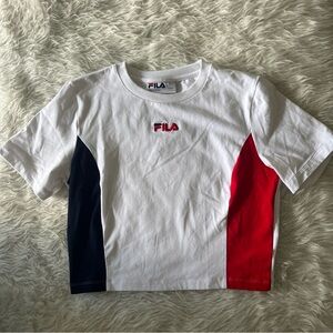 NEW NWOT FILA Cropped Crop Top Graphic T Shirt Red White Navy Womens L